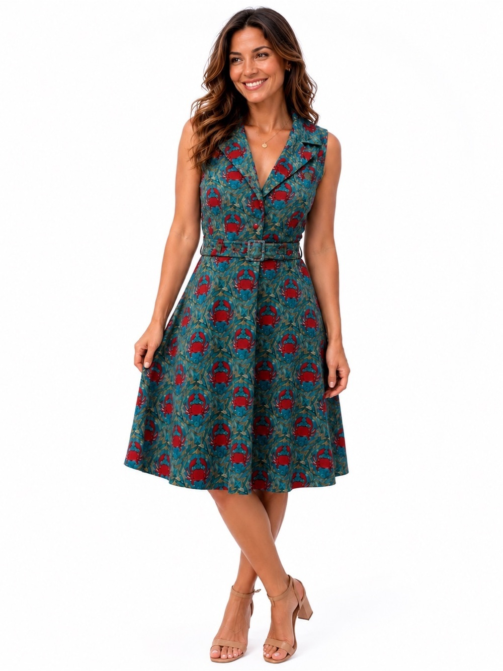 Sleeveless Teal Dress with Red Print and Notch Collar